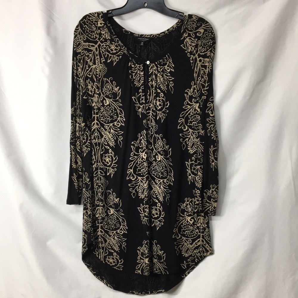 Lucky Brand Women’s Black and Beige Floral Tunic Top Size M Like-NEW Condition